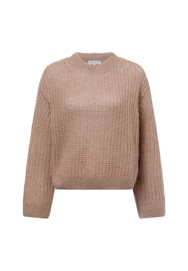 Beige Strickpullover mit Rundhalsausschnitt, abgesenkten Schultern und strukturiertem Stoff. Kürzerer Schnitt mit geripptem Saum und Bündchen.