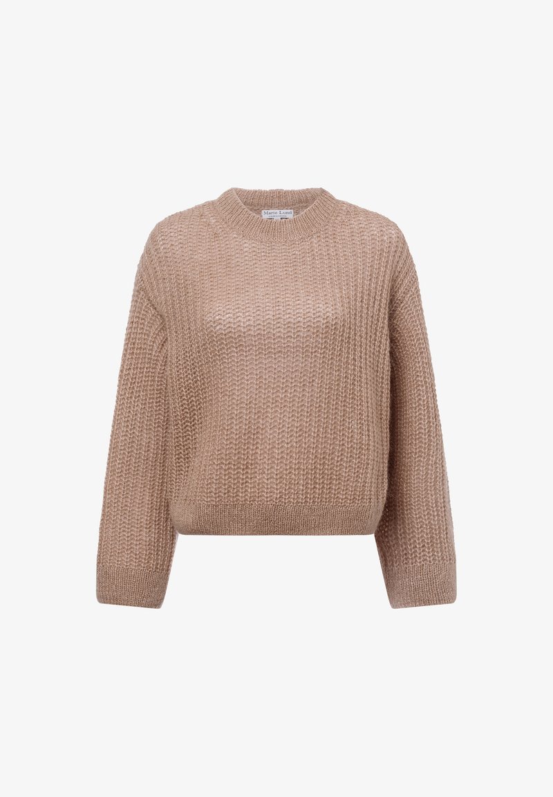 Beige Strickpullover mit Rundhalsausschnitt, abgesenkten Schultern und strukturiertem Stoff. Kürzerer Schnitt mit geripptem Saum und Bündchen.