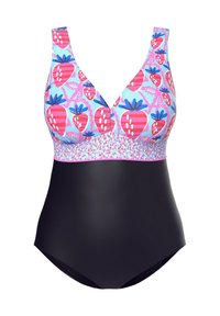 En helkroppsbadingsdräkt med ett överdel i blå och rosa jordgubbstryck och underdel i enfärgat svart. Har breda axelband och en stödjande design.