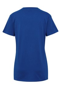 Blå bomulds T-shirt med korte ærmer og rund halsudskæring. Glat tekstur, enkelt design, ingen mønstre eller udsmykninger.