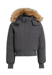 Šedá zkrácená bunda s kapucí podšitou kožešinou, prošívaná textura, přední zip a boční kapsy. Obsahuje nastavitelné manžety a ramenní klapky.