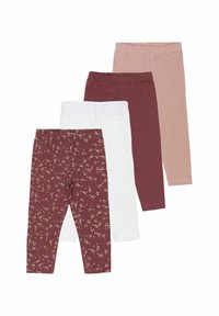 Vier Leggings-Paare: burgunderrot mit Blumenmuster, weiß, einfarbig burgunderrot und hellrosa. Alle besitzen einen elastischen Bund und eine glatte Textur.