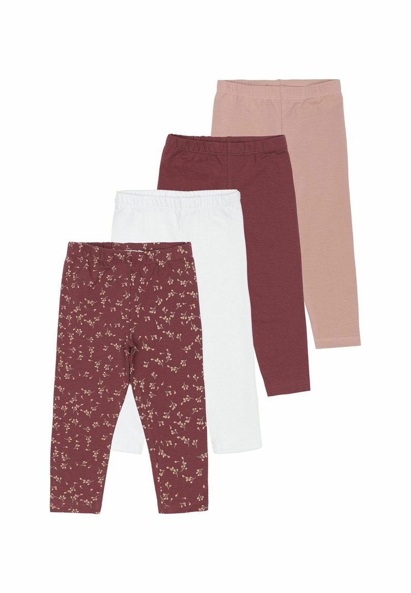 Vier Leggings-Paare: burgunderrot mit Blumenmuster, weiß, einfarbig burgunderrot und hellrosa. Alle besitzen einen elastischen Bund und eine glatte Textur.