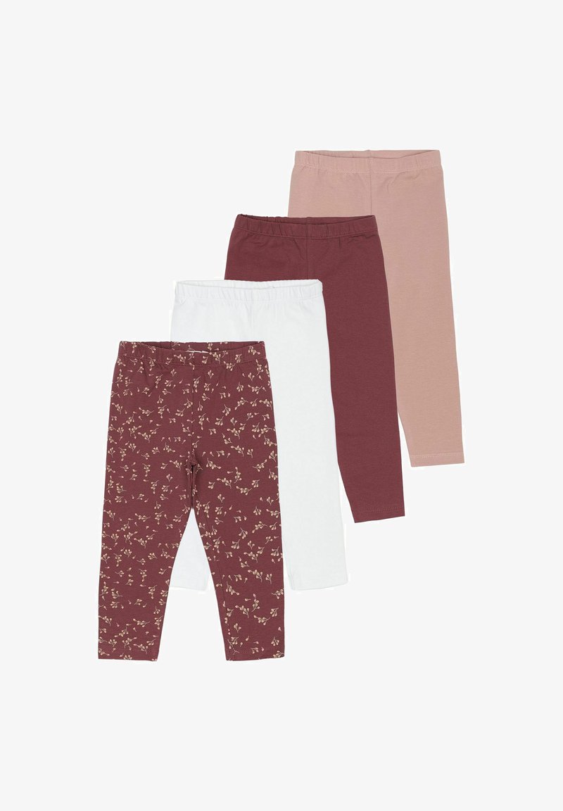 Vier Leggings-Paare: burgunderrot mit Blumenmuster, weiß, einfarbig burgunderrot und hellrosa. Alle besitzen einen elastischen Bund und eine glatte Textur.