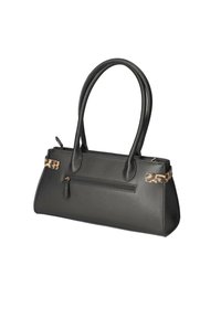 Sac à main en cuir noir avec doubles poignées, une bandoulière à imprimé léopard, et une poche zippée à l'avant. Forme structurée, texture lisse.