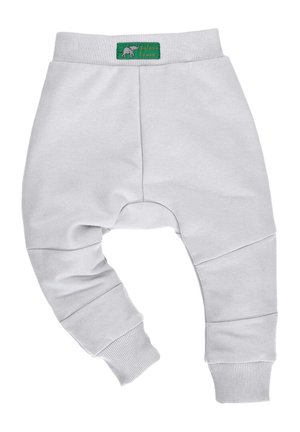 Lichtgrijze kinderhoodie gemaakt van zacht materiaal. Uitrusting met een geribbelde tailleband en boorden, losvallend ontwerp met een schuine snit bij de knieën.