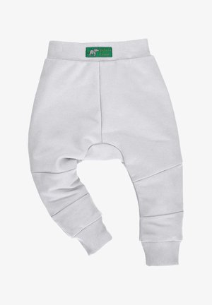 Helle graue Kinder-Sweatpants aus weichem Material. Mit einem gerippten Bund und Bündchen ausgestattet, locker geschnitten mit einem schrägen Schnitt an den Knien.