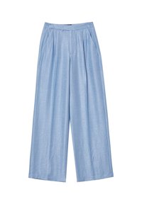 Pantaloni wide-leg azzurri chiari realizzati in tessuto morbido, caratterizzati da una vita alta, pieghe e due tasche laterali.