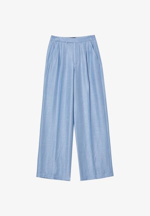Light blue wide-leg trousers made from smooth fabric, featuring a high waist, pleats, and two side pockets.
