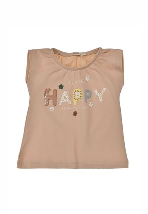 Beiges Babyshirt mit kurzen Ärmeln, verziert mit Applikationsbuchstaben, die "HAPPY" buchstabieren, und kleinen Blumenmotiven, Größenetikett 74.