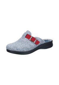 Gray felt clog with a round toe, red adjustable strap, and silver buckle. Black rubber sole for grip and durability.