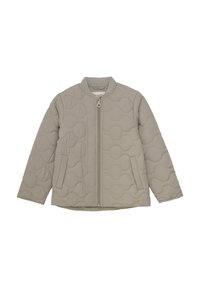 Vadderad beige jacka med rund krage, framdragkedja och texturerat vågmönster. Har sidofickor och en enfärgad design.