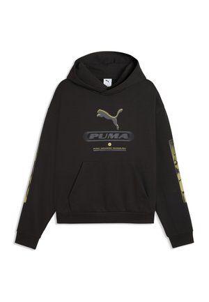 Sort Puma hoodie med en front kangaroo lomme, en stor Puma logo og tekst på brystet, samt mønstrede grafik på ærmerne.