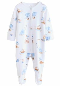 Combinaison en coton pour bébé avec un fond blanc, imprimés d'animaux bleus et orange, montgolfières, bateaux et fermeture à boutons-pression.
