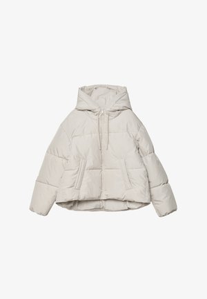 Kurtka puchowa w jasnym beżu, z kapturem, zasuwana na zamek, z dwoma przednimi kieszeniami oraz pudełkowym krojem i pikowanym wzorem.