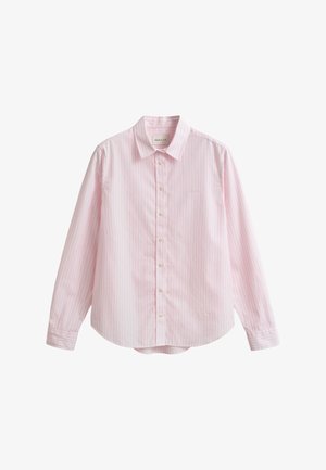 Pink gestreiftes Langarmhemd mit durchgehendem Knopfverschluss am Kragen, mit einem dezenten Logo auf der Brust und einem geraden Saum. Glatte Baumwollstruktur.
