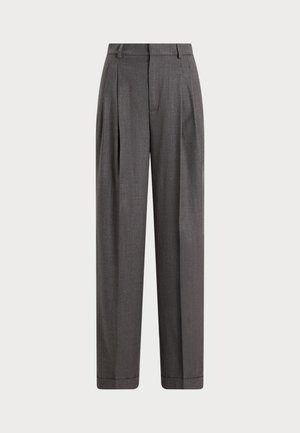 Graue, maßgeschneiderte Hose mit hoher Taille, gefältetem Design und weiten Beinen. Hergestellt aus strukturiertem Stoff mit glatter Oberfläche.
