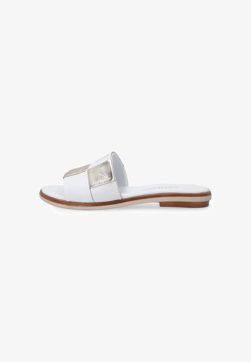 White slide sandal featuring a metallic gold accent, flat sole, open toe design, and smooth texture with a brown sole.