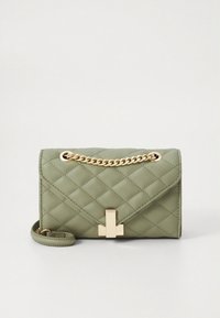 Quilted light green leather handbag with gold chain strap and metal accent. Features a flap closure and textured surface. Compact design.