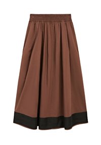 Brown cotton skirt with a gathered elastic waistband and black striped hem. The design features a flowing A-line silhouette and smooth texture.