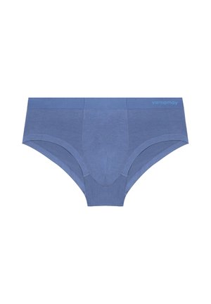 Chiloți din bumbac albastru cu textură fină, talie elastică și o cusătură centrală pentru suport. Prezintă un logo pe talie.