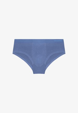 Blauwe katoenen slip met een gladde textuur, elastische tailleband en een centrale naaddetail voor ondersteuning. Heeft een logo op de tailleband.