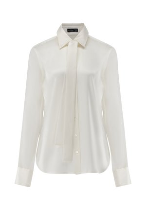 Weiße Satinbluse mit spitzem Kragen, langen Ärmeln und einer Krawatte. Mit vorderem Knopfverschluss und glatter, glänzender Oberfläche.