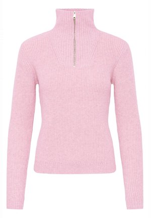 Roza rebrasta pletena jopica z visokim ovratnikom in zadrgo, ima dolge rokave in sledijo obliko telesa. Mehka tekstura in brezšivna konstrukcija.
