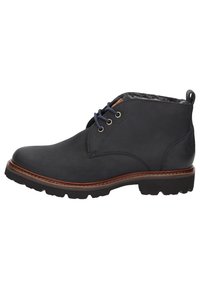 Botas de tobillo de cuero gris oscuro con punta redonda, cierre de cordones y suela de goma. Presentan un forro suave y un detalle de costura en contraste.