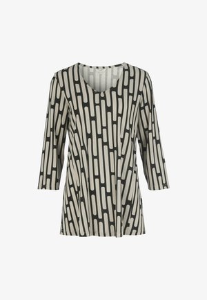 Langärmliges V-Ausschnitt-Oberteil mit beige und schwarzem, vertikalem rechteckigem Blockmuster, gefertigt aus weichem Stoff.