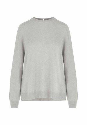 Maglione in maglia grigio chiaro a maniche lunghe con scollo a girocollo e polsini e orlo a costine, mostrato frontalmente su sfondo bianco.