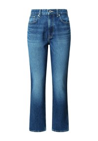Blaue Jeans aus Denim mit geradem Bein, ausgestattet mit einem ausgebleichten Finish, Fünf-Taschen-Design und einem Reißverschluss mit Knopfverschluss.