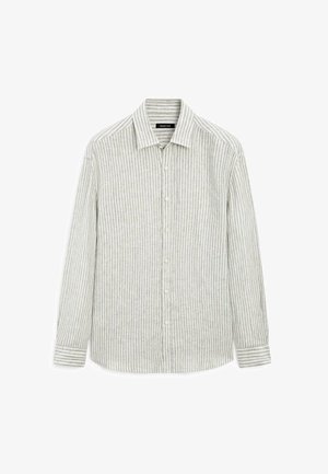 Randig skjorta i ljusgrått och vitt, tillverkad av en bomull-linneblandning. Har en klassisk krage och långa ärmar med knäppta manschetter.