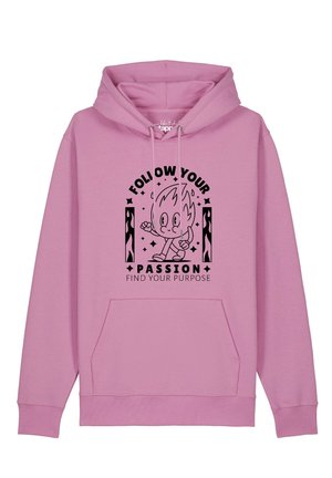 Roze capuchontrui met een cartoonvlammetje en de tekst "Follow your passion, find your purpose" in het zwart aan de voorkant.