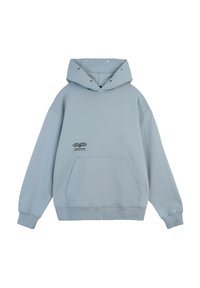 Jasnoniebieska bluza z kapturem z miękkiego materiału, z dużą przednią kieszenią, regulowanym kapturem ze sznurkiem i czarnym nadrukiem z przodu. Posiada zapięcie na zatrzask.