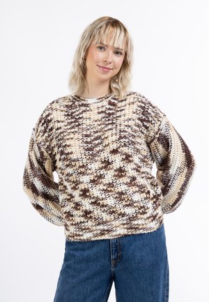 Strickpullover in Beige- und Brauntönen mit einem strukturierten Muster und übergroßen Ärmeln. Rundhalsausschnitt-Design mit geripptem Saum.