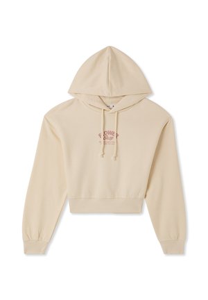 Kremowa krótka bluza z kapturem i sznurkiem, z prążkowanymi mankietami oraz grafiką "Flower Shop" w bordowym kolorze z przodu. Miękka tekstura materiału.