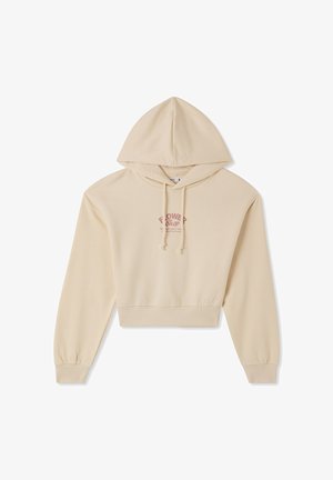 Kremowa krótka bluza z kapturem i sznurkiem, z prążkowanymi mankietami oraz grafiką "Flower Shop" w bordowym kolorze z przodu. Miękka tekstura materiału.