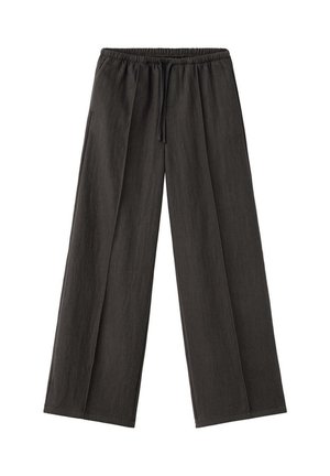 Pantalon noir à jambes larges avec taille élastique et cordon à l'avant, en tissu léger.