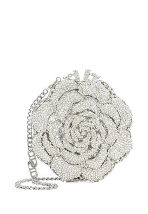 Round silver clutch shaped like a rose, fully encrusted with clear crystals, featuring a silver chain strap.