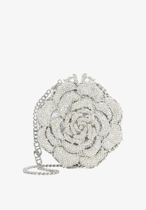 Pochette ronde en argent en forme de rose, entièrement recouverte de cristaux clairs, avec une chaîne argentée.