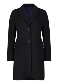 Schwarzer Mantel mit taillierter Silhouette, Reverskragen, zwei Fronttaschen und drei Knöpfen. Glatte Textur und lila Futter innen.