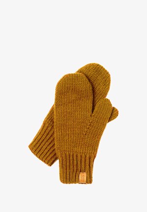 Strikkede vanter i sennepsgul med en ribbet manchet og tekstureret overflade. Et lille lædermærke er fastgjort til branding.