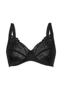 Reggiseno di pizzo nero con tessuto trasparente, motivo floreale e spalline regolabili. Presenta un dettaglio a fiocco al centro e bordi ondulati.