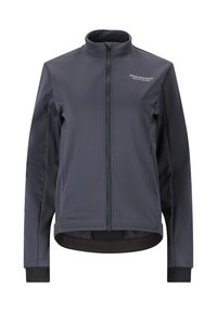 Mörkgrå cykeljacka med lång ärm, hög krage, framdragkedja och strukturerat tyg. Har elastiska muddar och en figursydd design.