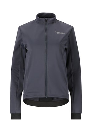 Veste de cyclisme grise foncée à manches longues, col haut, fermeture éclair à l'avant et tissu texturé. Dispose de poignets élastiques et d'un design ajusté.