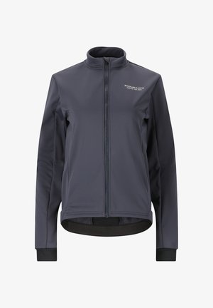 Dark grey cycling jacket with long sleeves, high collar, front zipper, and textured fabric. Features elastic cuffs and a fitted design.