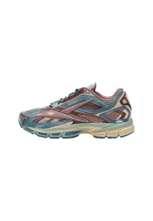 Scarpa da ginnastica atletica in blu, marrone e beige con inserzioni in mesh e sintetico, suola imbottita e chiusura con lacci, vista dal lato destro.