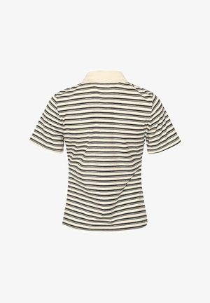 Polo de manga corta a rayas en crema y azul marino, con un cuello clásico y una tela suave y texturizada. La vista trasera muestra rayas horizontales.