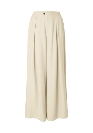 Pantalons large en beige avec une taille haute, des plis avant et une fermeture à bouton. Le tissu a une texture lisse et une apparence légère.